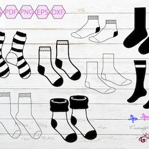 Pode incluir: Uma coleção de designs de meias em preto e branco, incluindo estilos listrados, lisos e estampados. A imagem apresenta várias silhuetas de meias, adequadas para projetos de artesanato ou design. A parte superior da imagem inclui ícones de tipo de arquivo: SVG, PDF, PNG, EPS e DXF.