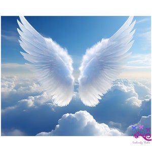 Memorial Image With Fluffy White Clouds And Delicate Angel Wings PNG, Loss Of Loved One, Never Forgotten, Funeral Design, Digital Download