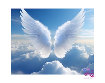 Memorial Image With Fluffy White Clouds And Delicate Angel Wings PNG, Loss Of Loved One, Never Forgotten, Funeral Design, Digital Download