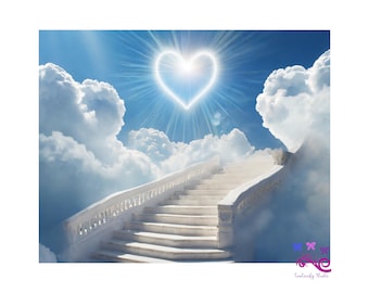 Stunning Memorial Image With Bright Shining Heart PNG, In Loving Memory, Stairway To Heaven, Fluffy White Cloud, Loved One, Digital Download