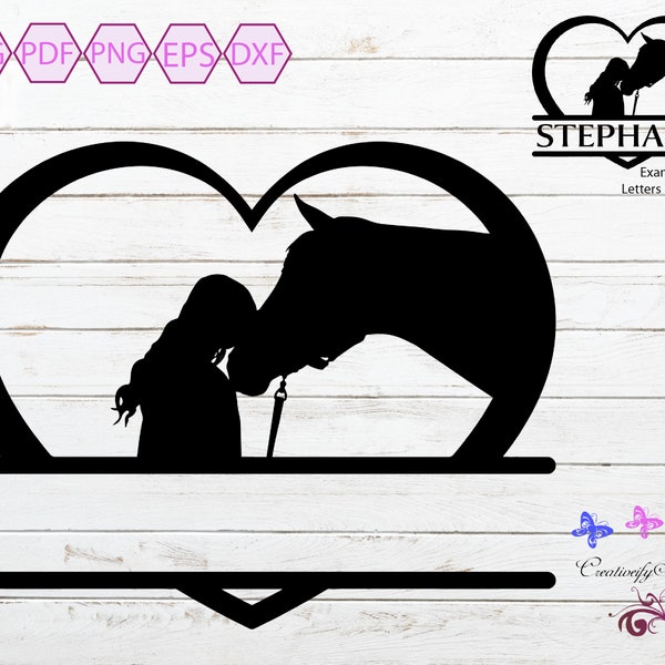 Horse With Heart Monogram Clipart, Girl Kissing Horse, Split Name Frame, Heart And Horse SVG, Monogram Cut File, Digital Download