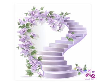 In Loving Memory Memorial White Background PNG, Lilac Staircase with Lilac Flowers, Stairway To Heaven, RIP Image, Digital Download
