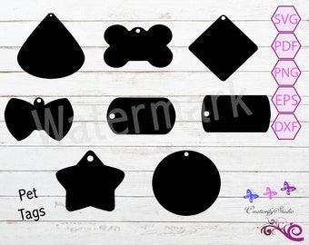 Pet Tags SVG Silhouette Clipart, Dog ID Tags, Cat ID Tags, Stencil Images, Pet Collars, Pet Accessories, Glowforge Laser, Digital Download