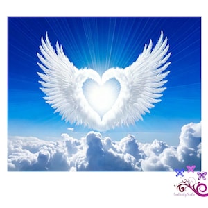 May include: A digital art piece featuring a heart-shaped formation of white angel wings against a bright blue sky with radiating light. Fluffy white clouds fill the lower portion of the image, with a few butterflies and a logo in the bottom right corner.