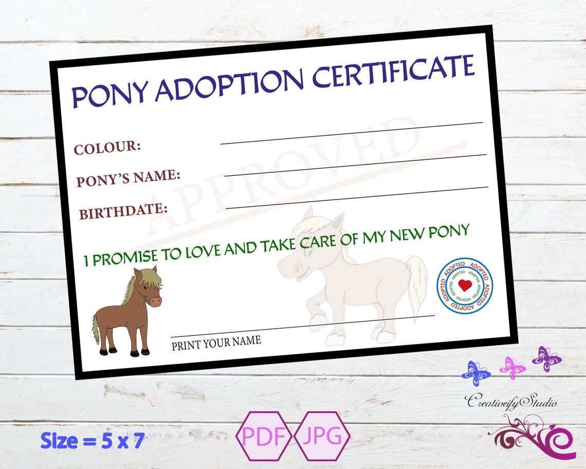 Pony Adoption Certificate Adopt An Animal Adopt A Pet | Etsy