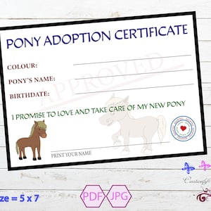 Pony Adoption Certificate, Adopt An Animal, Adopt A Pet, Printable Certificate, DIY Printable, Birthday Party, Digital Download