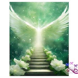 May include: A pair of white angel wings with a bright light shining through them. The wings are set against a green background with white flowers and a staircase leading up to the light.