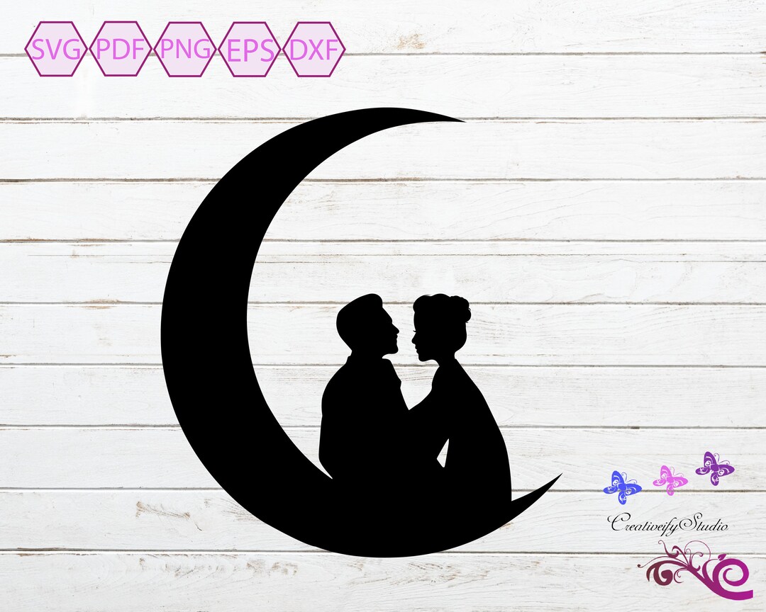 Couple Sitting on Moon SVG, Romantic Couple, Cake Topper, Kiss on Moon ...