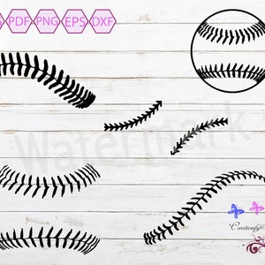 May include: A set of five black baseball stitch designs. The designs include a full baseball, a curved stitch, and three straight stitches. The designs are perfect for crafting projects, such as t-shirts, bags, and home decor.