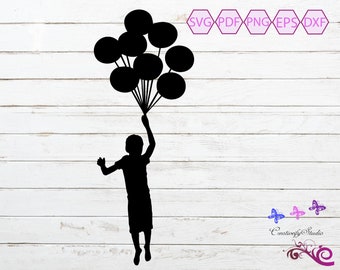 Boy With Birthday Balloons SVG, Boy Jumping Vector, Balloon Illustration, Floating Balloons, Little Boy Silhouette, Digital Download