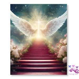 In Loving Memory Memorial Background PNG, Ray Of Light In Green Background, Stairway To Heaven, Pink Flowers, Angel Wings, Digital Download