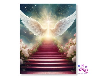 In Loving Memory Memorial Background PNG, Ray Of Light In Green Background, Stairway To Heaven, Pink Flowers, Angel Wings, Digital Download