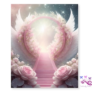 Pink Heaven Background With Angel Wings PNG, Memorial Image, Stairway To Heaven With Pink Flowers, In Loving Memory, Digital Download