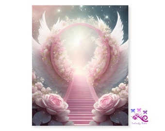 Pink Heaven Background With Angel Wings PNG, Memorial Image, Stairway To Heaven With Pink Flowers, In Loving Memory, Digital Download