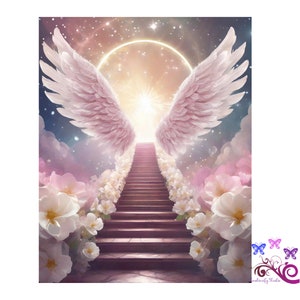 May include: Digital art print depicting a stairway to heaven, flanked by white flowers and leading towards a bright light. Soft pink angel wings are spread above the stairs, set against a starry sky and pastel clouds.