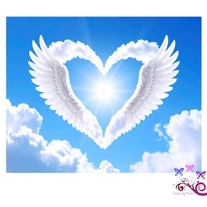 May include: A digital image depicts a heart shape formed by white clouds and angel wings against a bright blue sky. The sun shines brightly in the center of the heart. White fluffy clouds are scattered throughout the sky.
