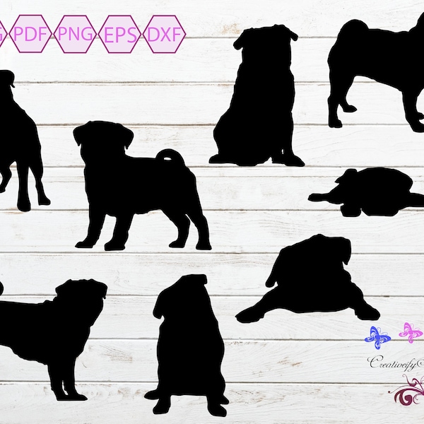 Pug Dog SVG Silhouette Clipart, Dogs Clipart, Pet Lover, Dog Vector, Running Dog, Pug Dogs, Playful Dog, Commercial Use, Digital Download