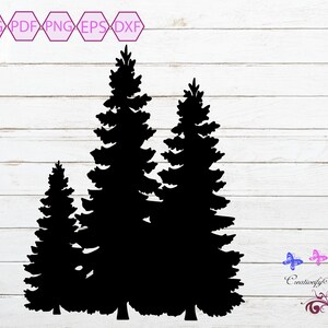 May include: Silhouette of three pine trees in black against a white woodgrain background.