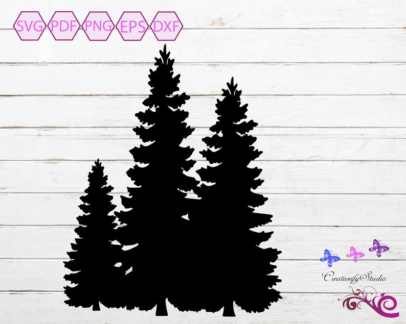 May include: Silhouette of three pine trees in black against a white woodgrain background.