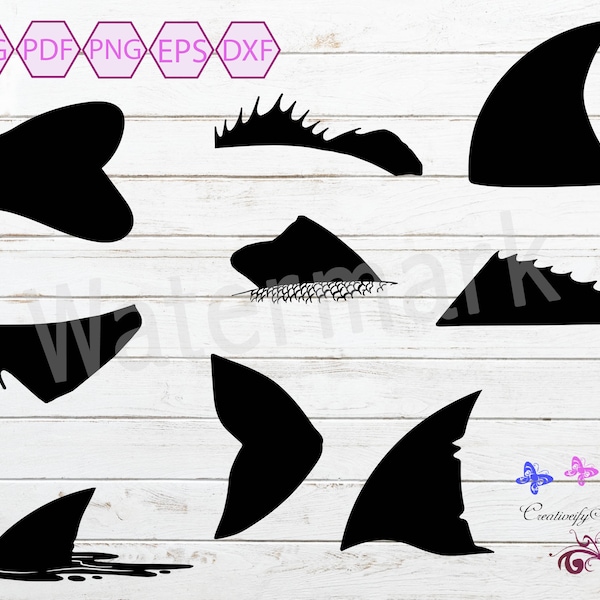 Fish Fins SVG Silhouette Clipart, Bass Fin, Shark Fin, Dolphin Fins, Fish Tail, Swimming Fin, Small Commercial Use, Digital Download