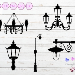May include: Black silhouette designs of various light fixtures, including a chandelier, a three-lamp sconce, a street lamp, and a hanging lamp. The image also includes the text "SVG PDF PNG EPS DXF".