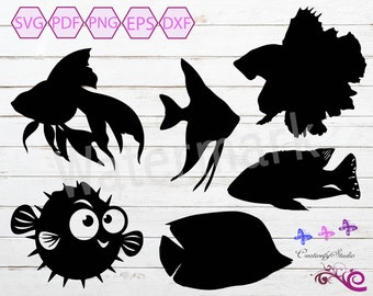 Fish SVG Silhouette Clipart, Fish Vector, Puff Fish, Mustard Gas, Tropical Fish, Cut File, Angel Fish, Siamese Fighting, Digital Download
