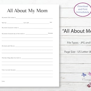 All About My Mom Printable, Mom Birthday Gift From Kids, Mothers Day Gift, Activity Printable Certificate, DIY Printable, Digital Download