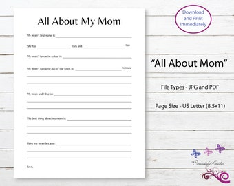 All About My Mom Printable, Mom Birthday Gift From Kids, Mothers Day Gift, Activity Printable Certificate, DIY Printable, Digital Download