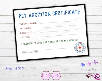 Pet Adoption Certificate, Dog Adoption, Cat Adoption, Adopt An Animal, Adopt A Pet, Printable Certificate, DIY Printable, Digital Download