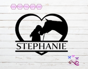 Horse With Heart Monogram Clipart, Girl Kissing Horse, Split Name Frame, Heart And Horse SVG, Monogram Cut File, Digital Download