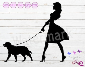 Dog Walker SVG, Woman Walking Dog, Canine SVG, Dog Lover, Dog Digital Decal, Family Pet SVG, Dog Silhouette Clipart, Dog Digital Download