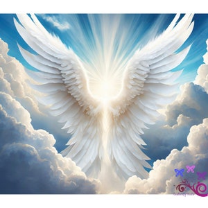 Blue Heaven Background With White Fluffy Wings And Clouds PNG, Memorial Image Gift, Loss Of Loved One, Rest In Peace, Digital Download