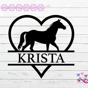 May include: Black silhouette of a horse inside a heart shape with the name Krista written below.