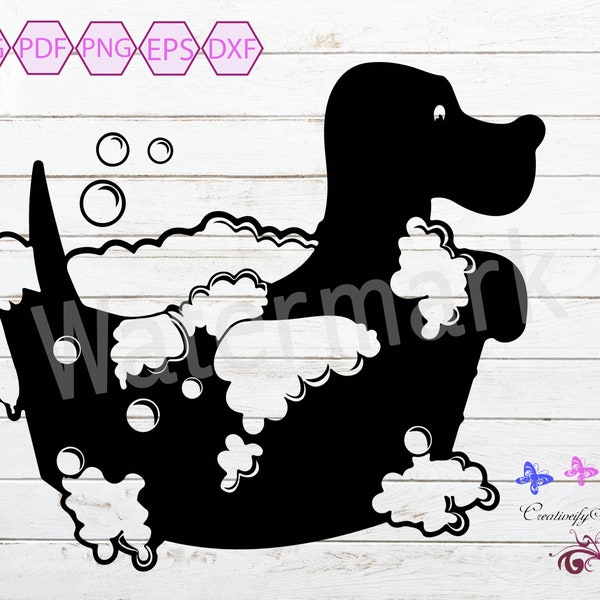 Dog In Bathtub With Bubbles SVG Silhouette Clipart, Doggy Bubble Bath, Bathroom Decal, Family Pet, Commercial Use, Digital Download