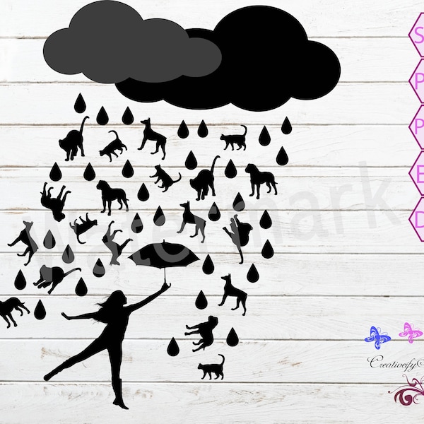 Raining Dogs SVG, Raining Cats, Cats And Dogs, Pouring Rain, Rain Umbrella, Rainy Day SVG, Singing In Rain, Commercial Use, Digital Download