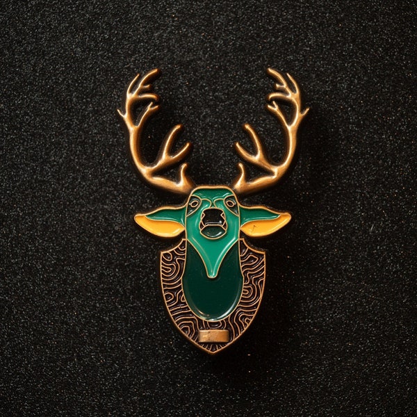 Space Glitter Taxidermy Deer Enamel lapel Pin Antique Gold W 3D Molding Epoxy