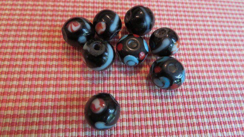 BLACK Lampwork Glass with Blue Red Inner Colors Rondelle 12 mm x 9 mm. 6 for Sale