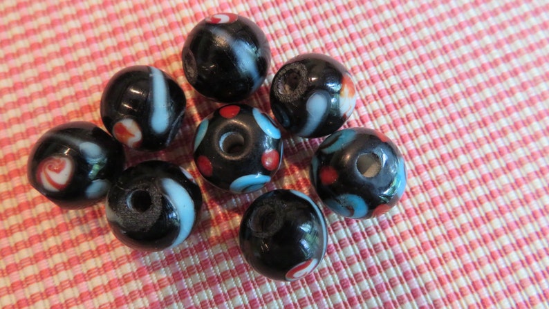 BLACK Lampwork Glass with Blue Red Inner Colors Rondelle 12 mm x 9 mm. 6 for Sale