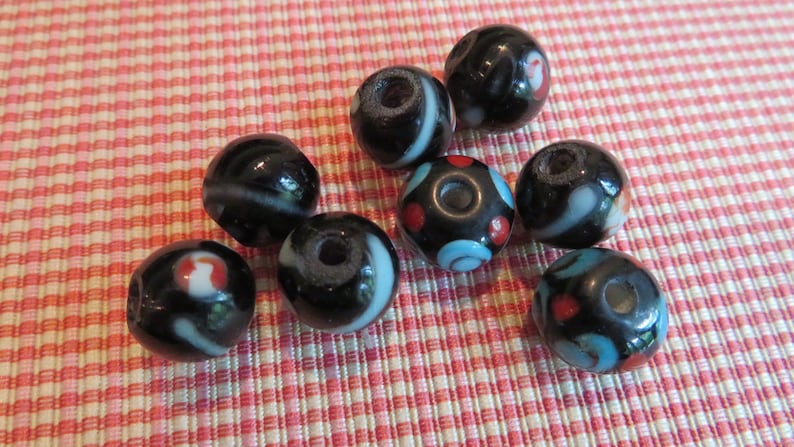BLACK Lampwork Glass with Blue Red Inner Colors Rondelle 12 mm x 9 mm. 6 for Sale