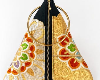 Sac kimono obi en soie recyclée : forme de biscuit de fortune, pochette en tissu japonais vintage