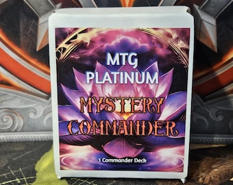 May include: A white box featuring the text "MTG PLATINUM MYSTERY COMMANDER" with a purple lotus flower design. The box also states "1 Commander Deck". The background has a colorful, abstract design.