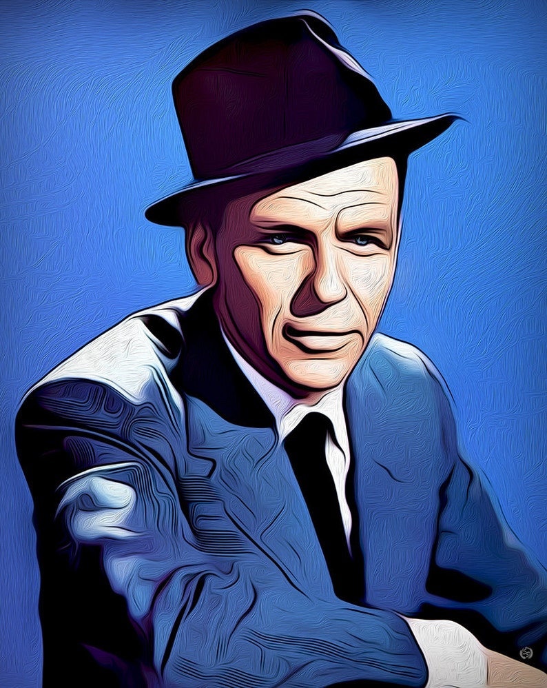May include: A man wearing a blue suit and a black fedora. The suit has a textured, brushstroke-like pattern. The man is looking directly at the viewer.