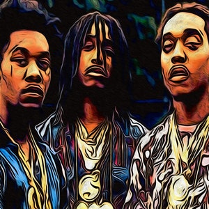 Puede incluir: Tres hombres con tonos de piel oscuros y cabello negro aparecen en una pintura digital. Los hombres visten ropa colorida con un patrón estilizado y abstracto. Los hombres miran directamente al espectador.