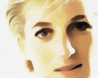 Könnte beinhalten: Ein Nahaufnahmeporträt einer Frau mit blonden Haaren. Das Bild ist in einem Stil gemalt, der an Ölmalerei erinnert. Die Frau blickt mit einem sanften Ausdruck direkt auf den Betrachter. Ihr Haar ist in einer lockeren Welle gestylt und fällt ihr über die Schultern. Der Hintergrund ist ein sanftes Weiß.
