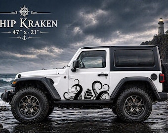 Calcomanía lateral del barco pirata Kraken de 47"x21" / Gráfico para vehículo con tentáculos oceánicos | Dos puertas