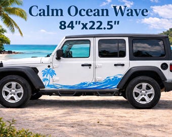 Calcomanía de olas del océano 84x22.5 / Adhesivo de vinilo para playa tropical / Gráfico costero de palmeras
