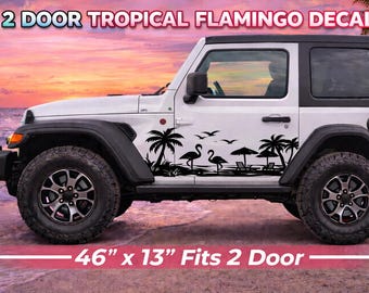 Pegatina de vinilo con flamenco tropical para 2 puertas, 46x13 / Diseño playero / Gráfico costero de palmeras