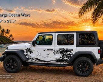Calcomanía de gran ola oceánica 88x23.5 / Adhesivo de vinilo lateral de surf tropical / Gráfico de palmera de playa