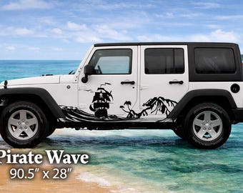 Pirate Ship Wave Side Vehicle Decal | Ocean Skull Sail Vinyl Graphic 90.5"x28"