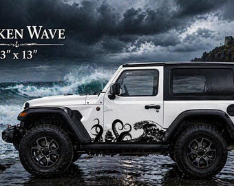 Calcomanía lateral Kraken Wave de 53"x13" / Gráfico de vinilo de monstruo marino oceánico / Náutico 2 puertas